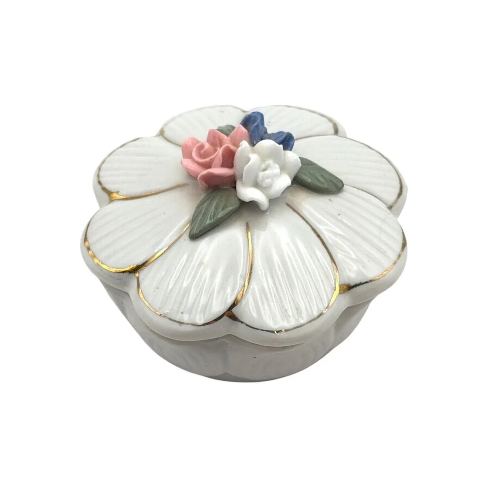 Vintage Porcelain Flower Trinket Box Gold Trim Floral Applied Rose Jewelry Dish